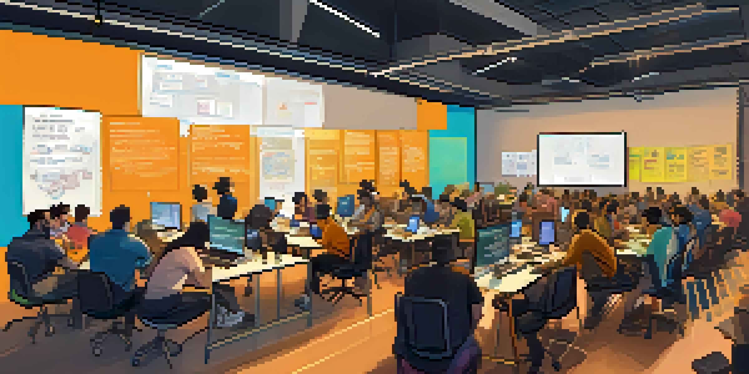 A lively hackathon with diverse teams working together, surrounded by laptops and brainstorming materials in a bright, modern setting.