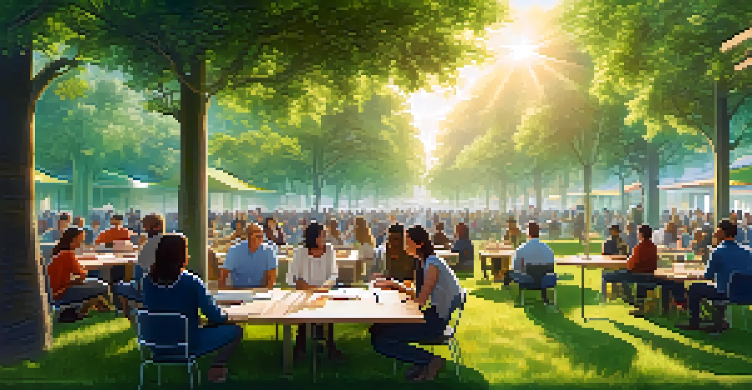 A community gathering in a green landscape, discussing security audits on a digital screen.