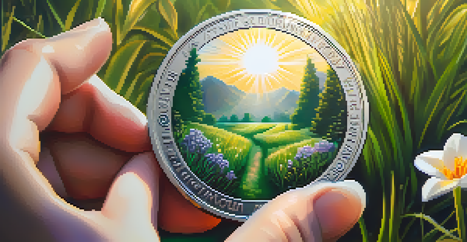 Hands holding a glowing Ethereum coin in a natural setting with flowers and grass.
