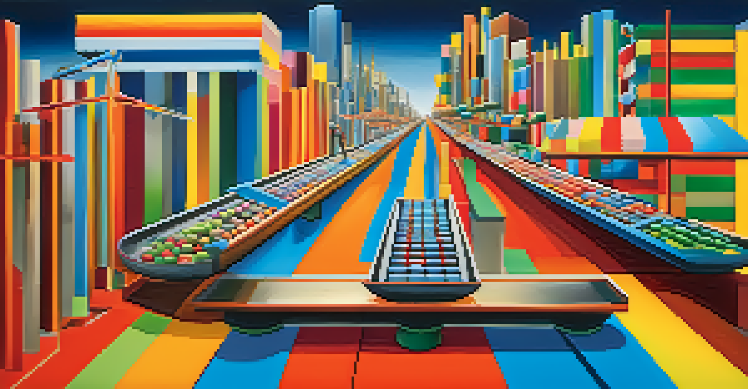 An abstract see-saw balancing two assets, with graphical elements showing fluctuating prices against a colorful background.