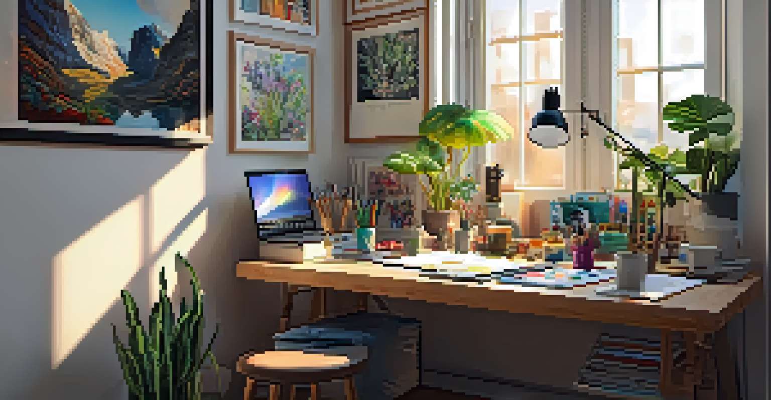 An artist's workspace with paintbrushes, canvases, and digital devices, illuminated by natural light.