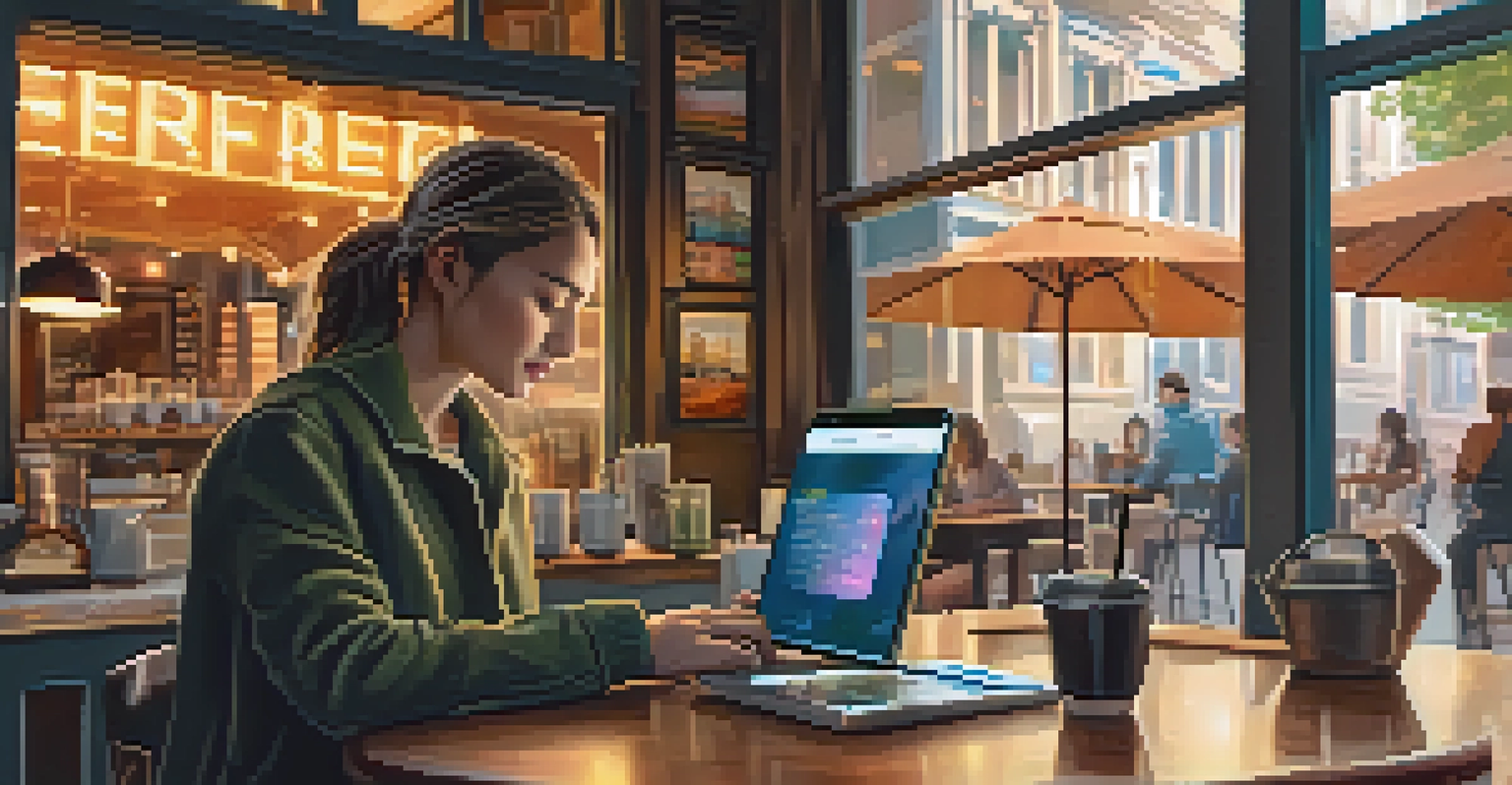 A person in a coffee shop using a laptop for DeFi lending, with a cup of coffee and a city street view outside, illustrating the accessibility of decentralized finance.