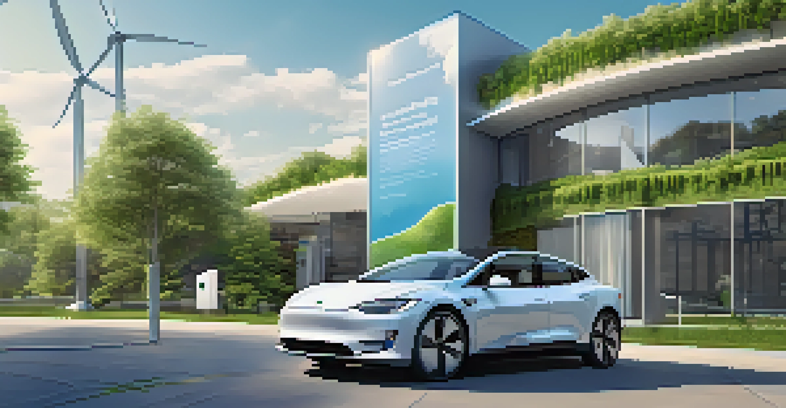 An electric vehicle charging outside an eco-friendly building with solar panels, surrounded by wind turbines and greenery, under a blue sky.