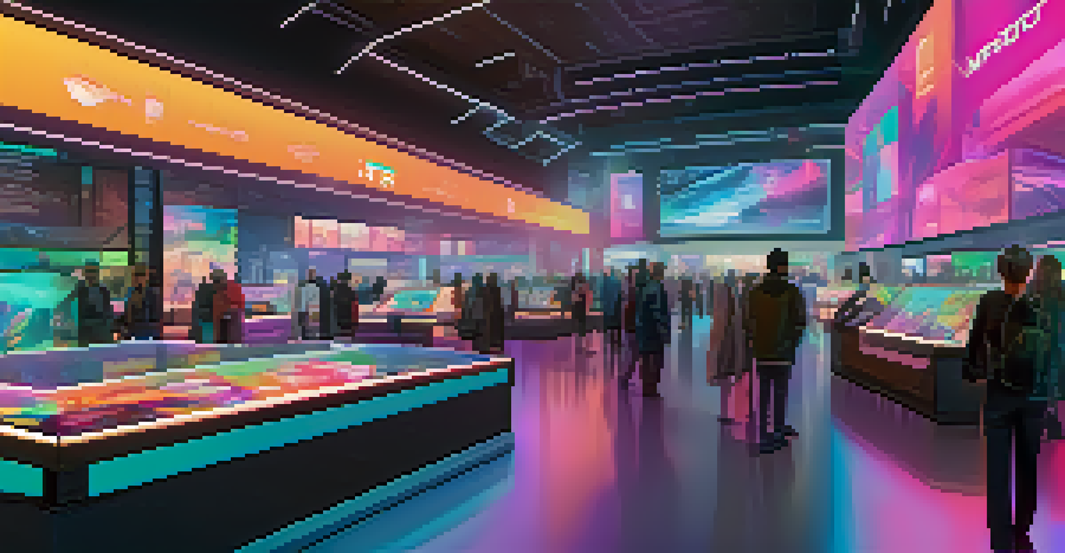A futuristic NFT marketplace featuring digital art on virtual screens and users interacting with holographic interfaces in a sleek, neon-lit environment.