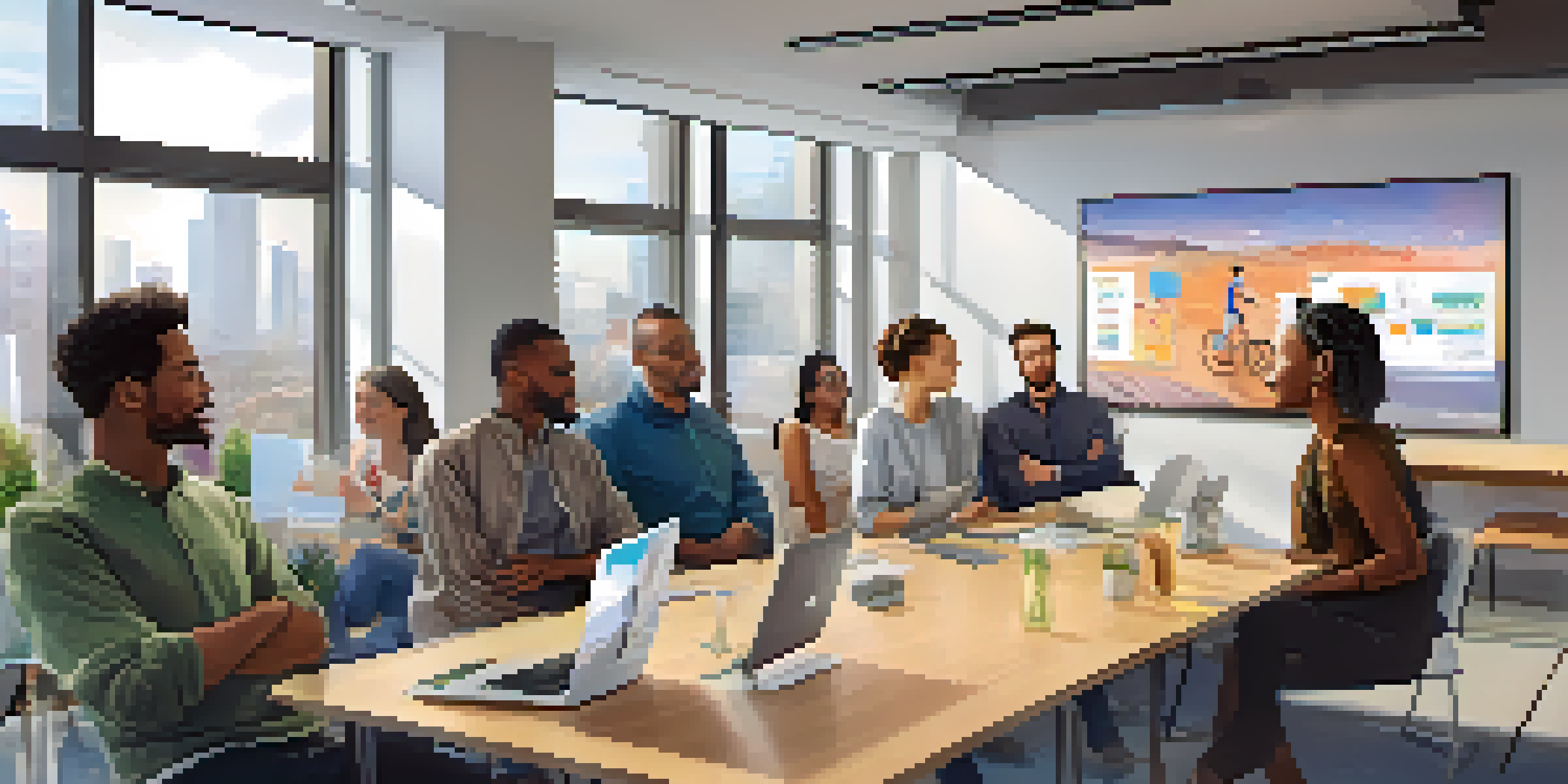 A diverse group of individuals discussing Ethereum proposals in a bright, modern office space with charts and digital screens in the background.