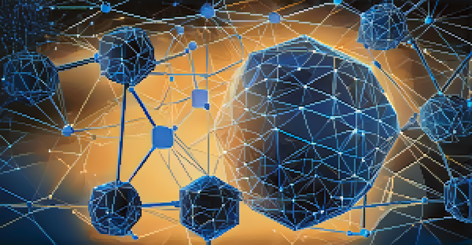 An abstract illustration of a blockchain network with glowing nodes and lines, representing the concept of smart contracts.
