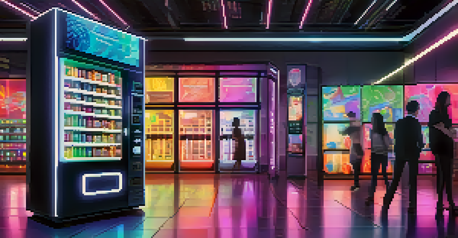 A futuristic vending machine representing smart contracts with users interacting with it in a tech-themed environment.
