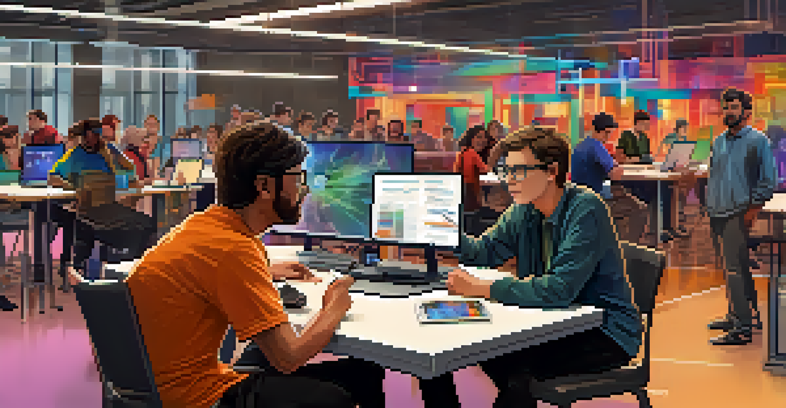 A mentor assisting a young developer at a hackathon, with a focus on their interaction and the busy environment around them.