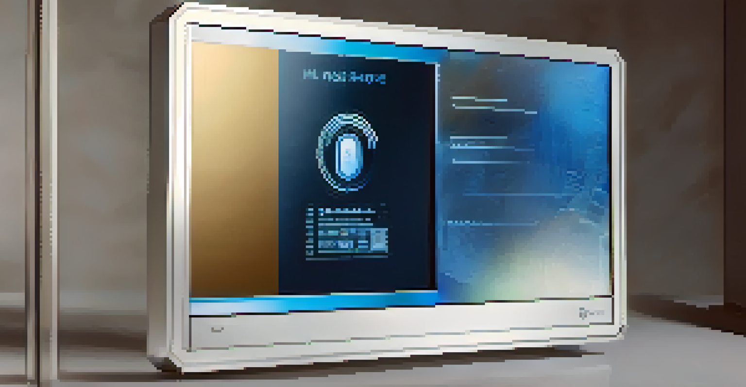 A close-up of a digital screen for identity verification with fingerprint scan and holographic elements.