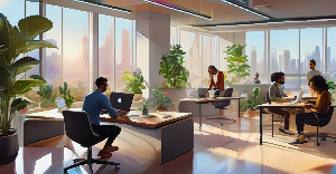 A modern workspace with diverse remote workers collaborating over digital devices in a bright and inviting environment.