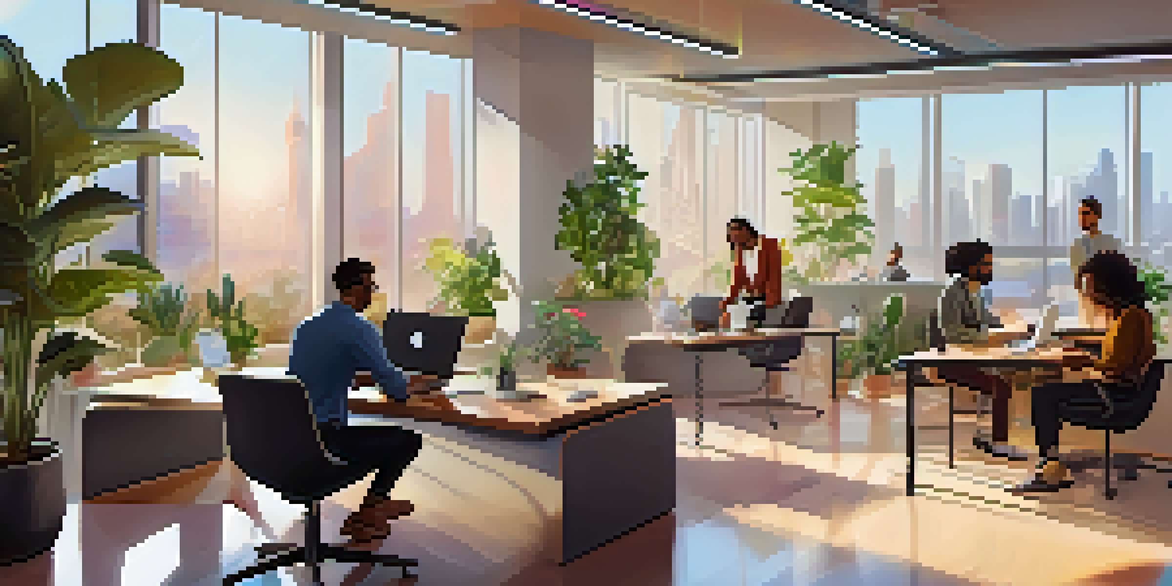 A modern workspace with diverse remote workers collaborating over digital devices in a bright and inviting environment.
