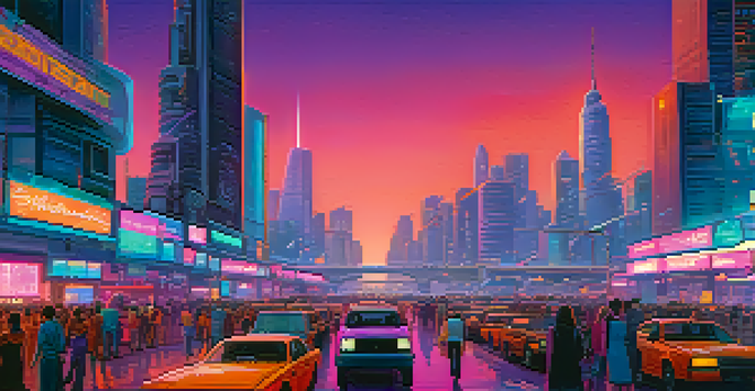 A vibrant futuristic city skyline at dusk with neon lights and a reflective river.