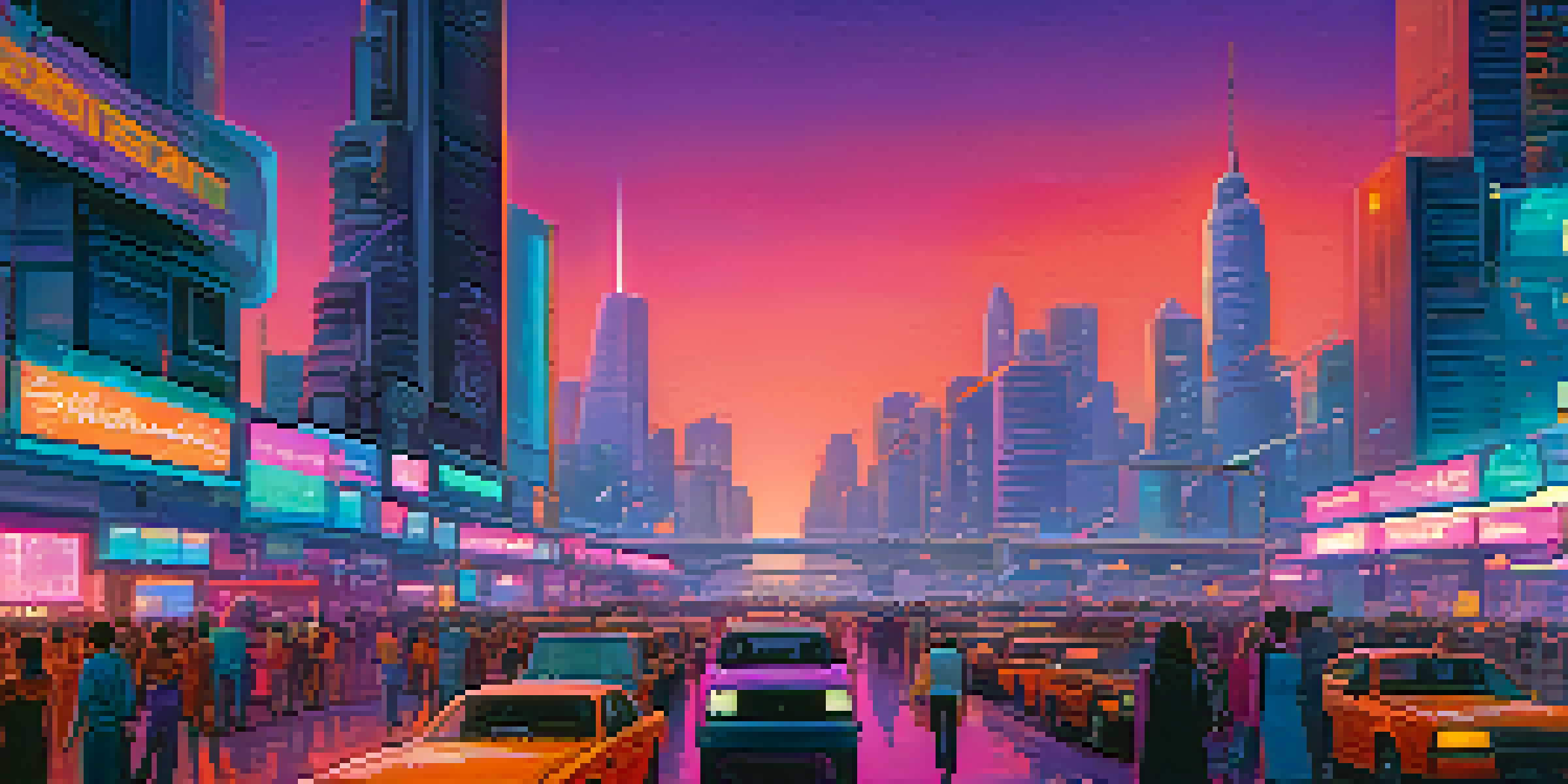A vibrant futuristic city skyline at dusk with neon lights and a reflective river.
