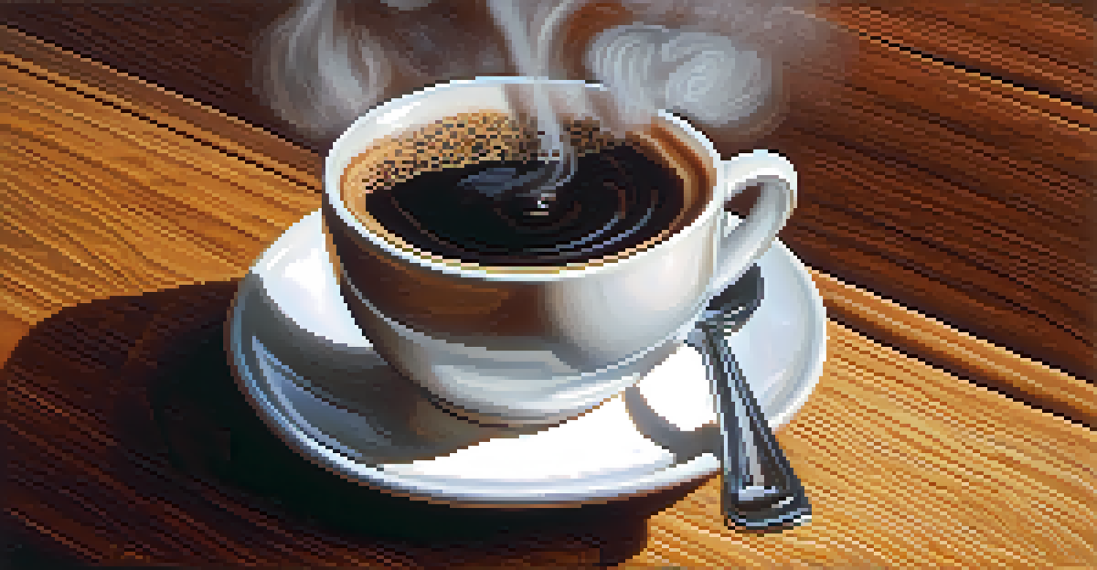 A close-up of a steaming cup of coffee on a wooden table with a chocolate croissant beside it.