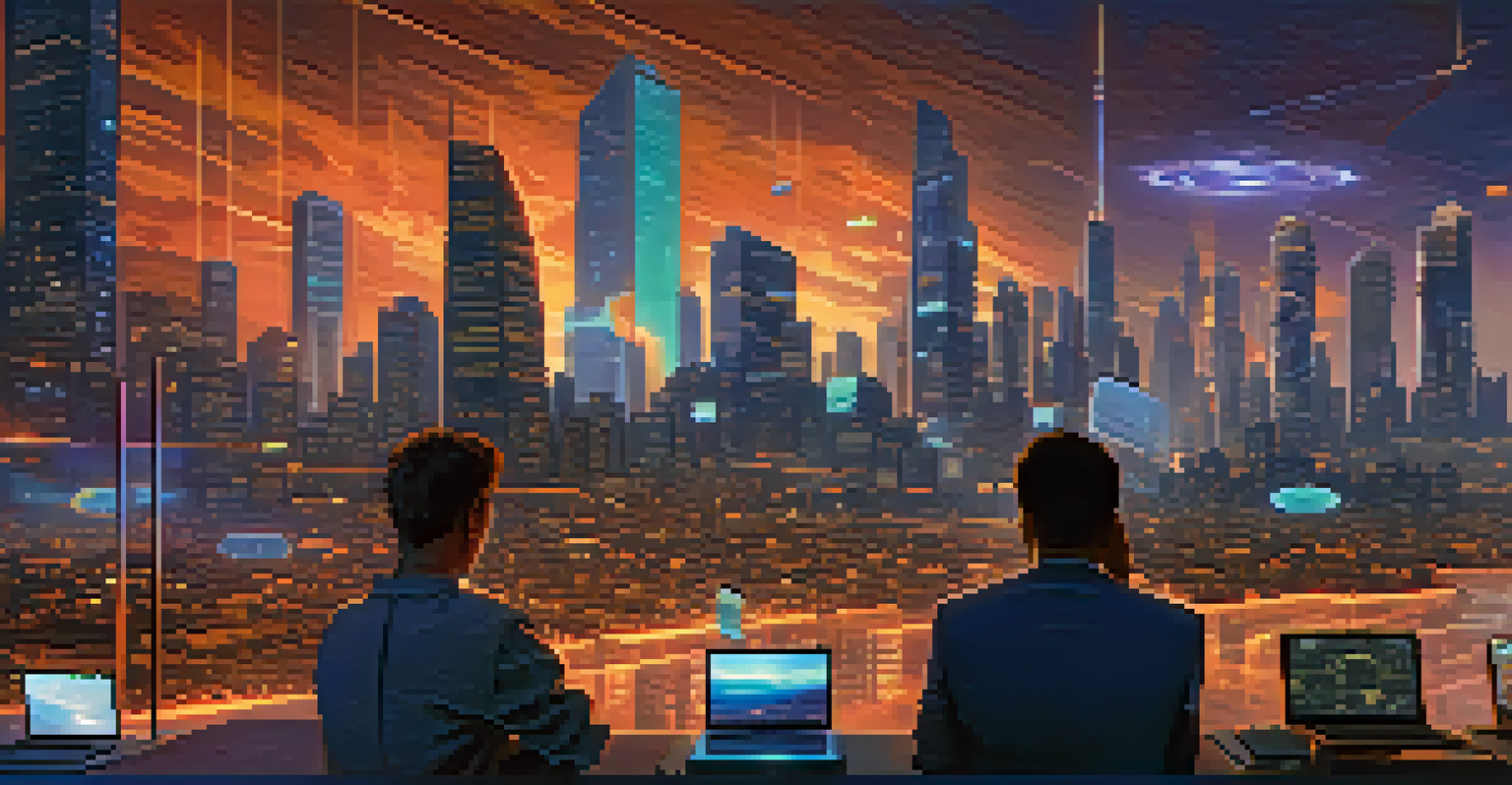 A modern city skyline at dusk with digital screens showing cryptocurrency values and people discussing in the foreground.