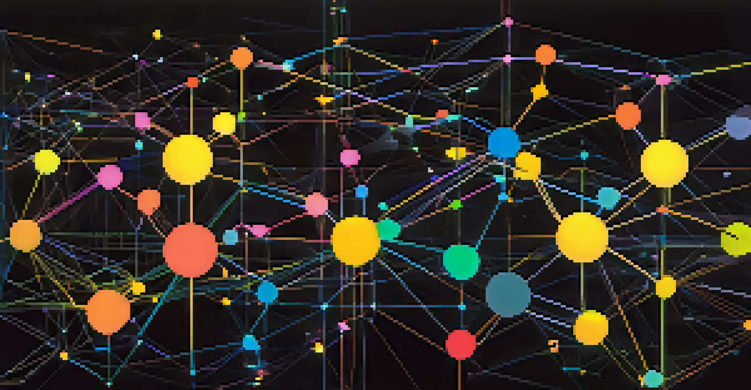 An abstract image showing interconnected blockchain networks with colorful lines and nodes against a dark background.