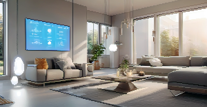 A modern smart home interior featuring IoT devices like a smart thermostat and connected light bulbs, with a digital display of token information.