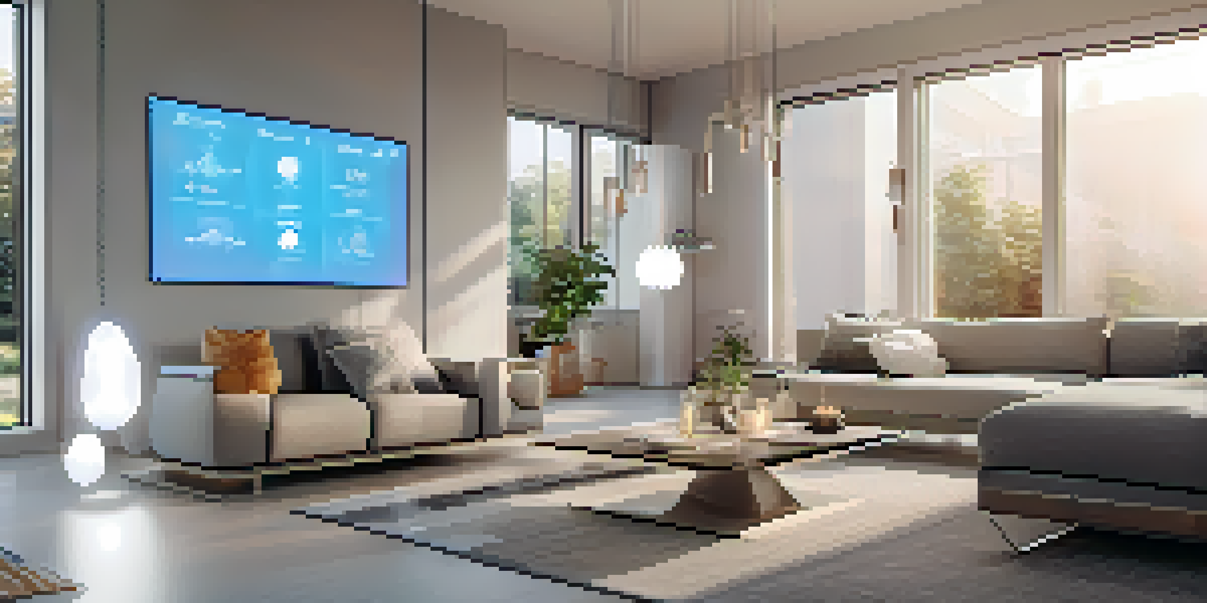 A modern smart home interior featuring IoT devices like a smart thermostat and connected light bulbs, with a digital display of token information.