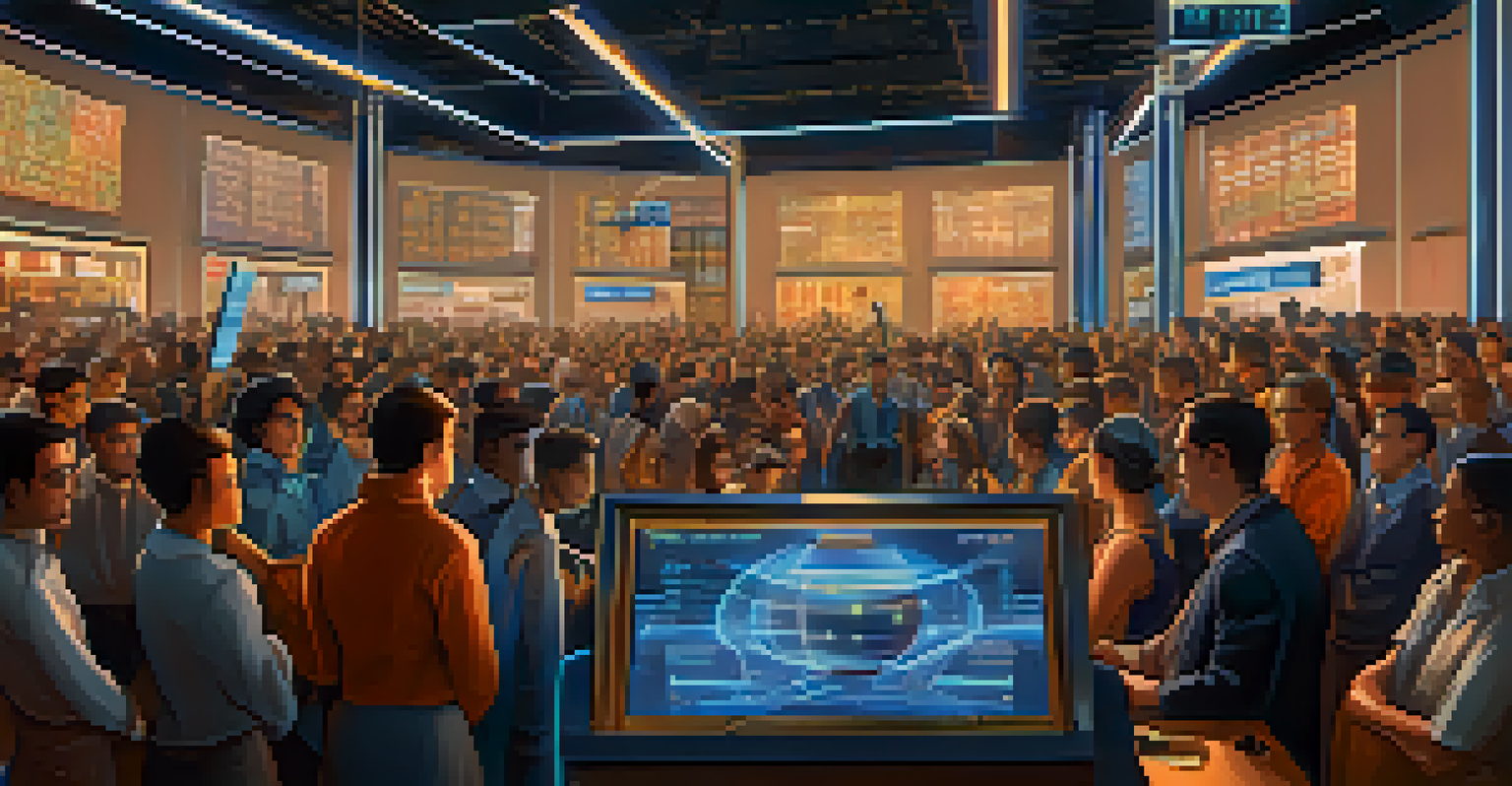 An auction scene for Ethereum transaction fees, with users bidding and a digital display of gas prices.
