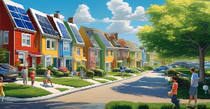 A neighborhood with solar panels on houses and a family discussing energy trading with a tablet under a bright blue sky.