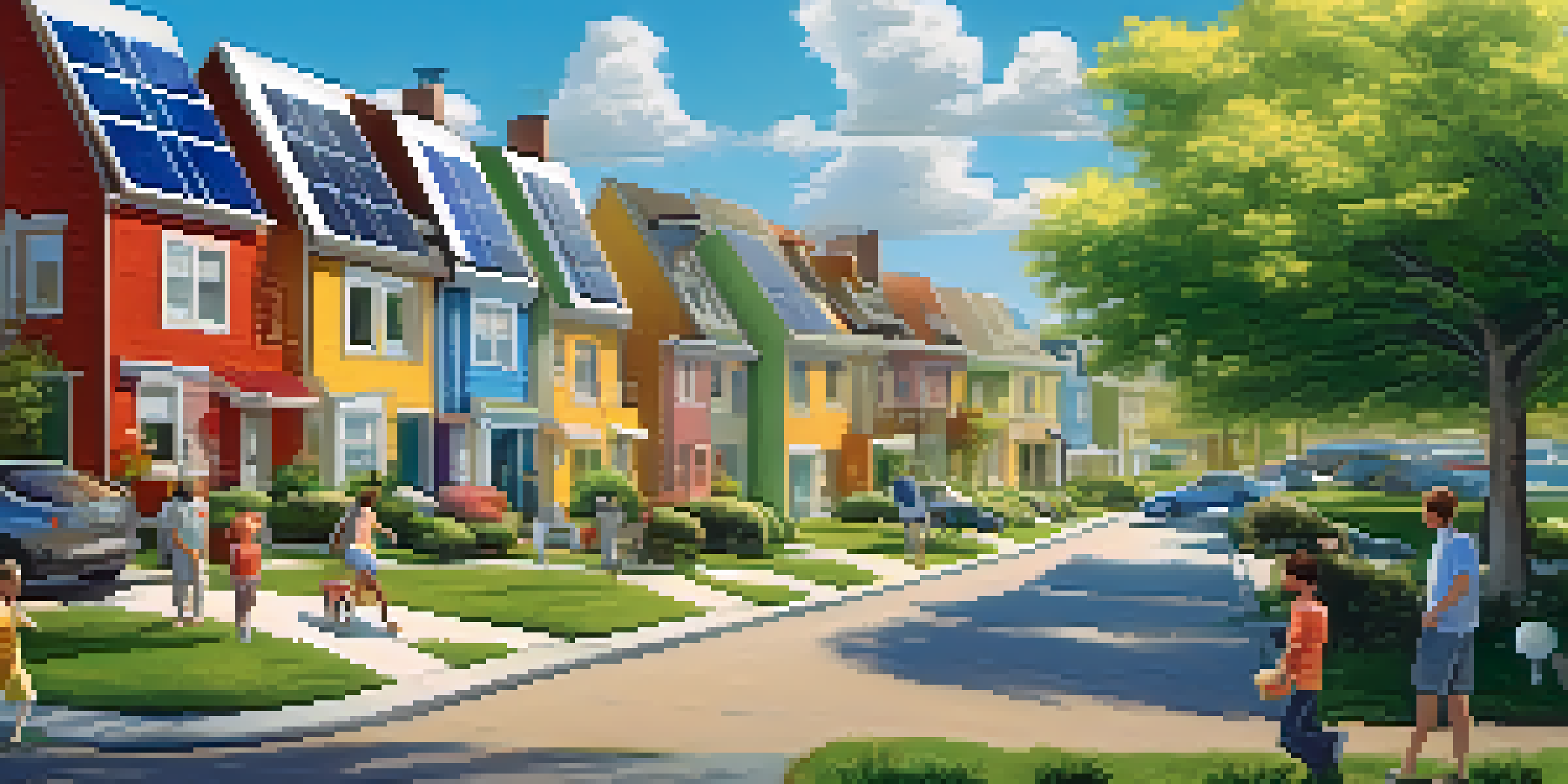A neighborhood with solar panels on houses and a family discussing energy trading with a tablet under a bright blue sky.