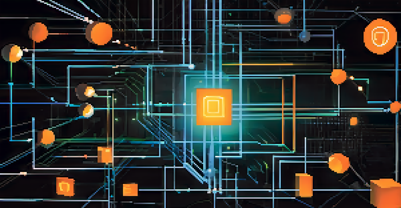 An abstract illustration of blockchain technology with interconnected shapes and glowing lines.
