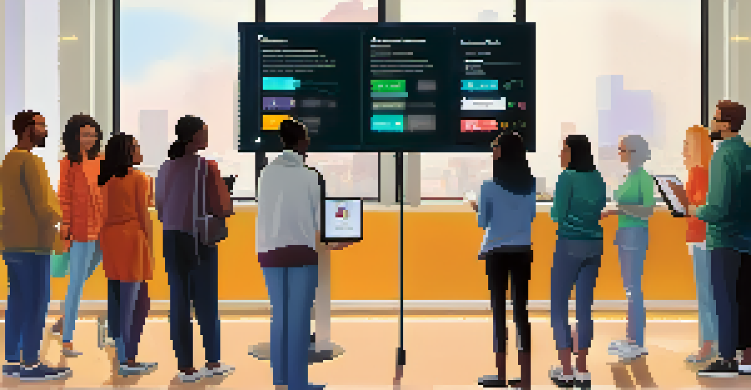 A group of diverse individuals interacting with a digital voting system on a screen, showcasing participation and community engagement in governance.