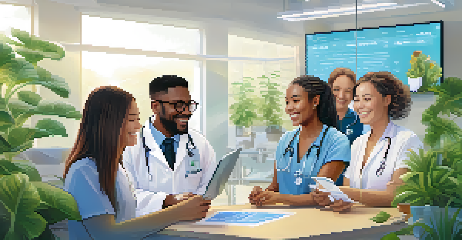 A diverse group of patients smiling while looking at a digital interface showing their secure medical records.
