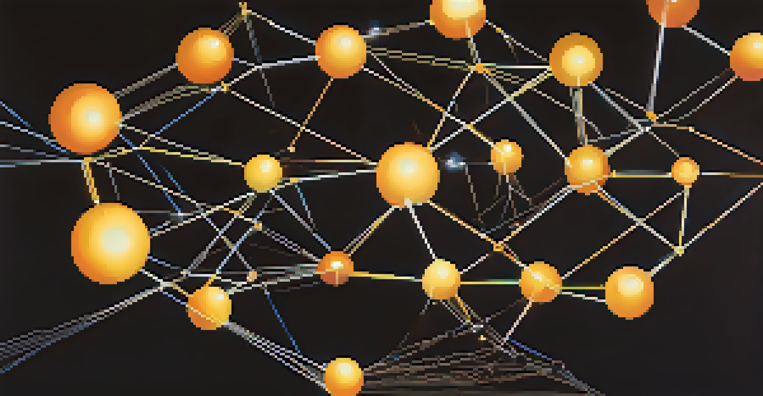 An abstract image depicting interconnected nodes and chains representing blockchain technology, glowing against a dark background.