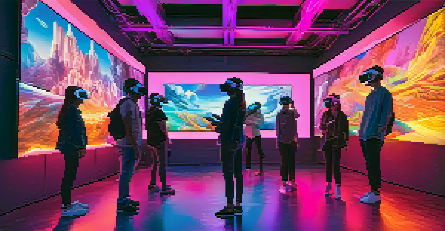 A virtual reality art exhibition with visitors exploring 3D NFT artworks in a colorful, immersive environment.