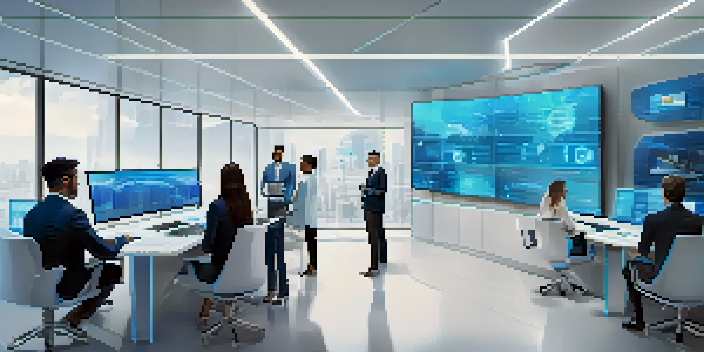 A modern insurance office showcasing technology with professionals discussing blockchain and smart contracts.