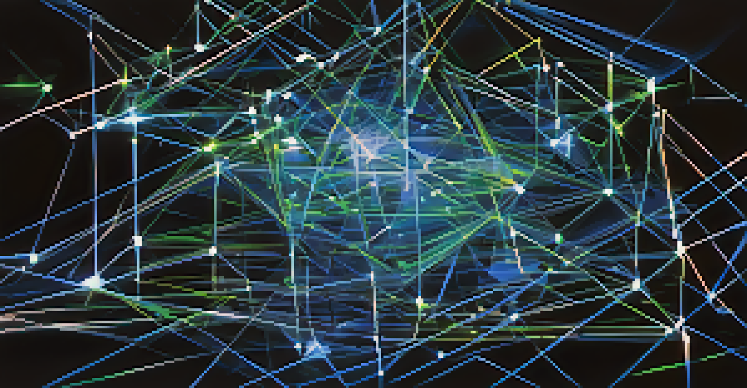 An abstract image depicting blockchain technology with interconnected geometric shapes and glowing lines on a dark background.