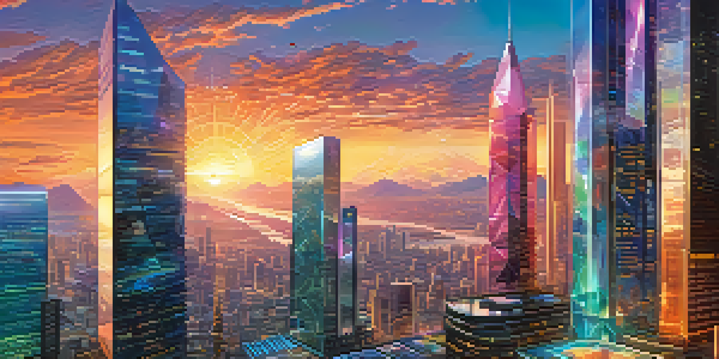 A vibrant futuristic cityscape with skyscrapers and digital billboards related to blockchain technology, showcasing diverse people using digital devices.