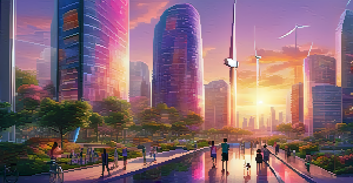A vibrant futuristic city skyline featuring skyscrapers with gardens and renewable energy, under a colorful sunset.