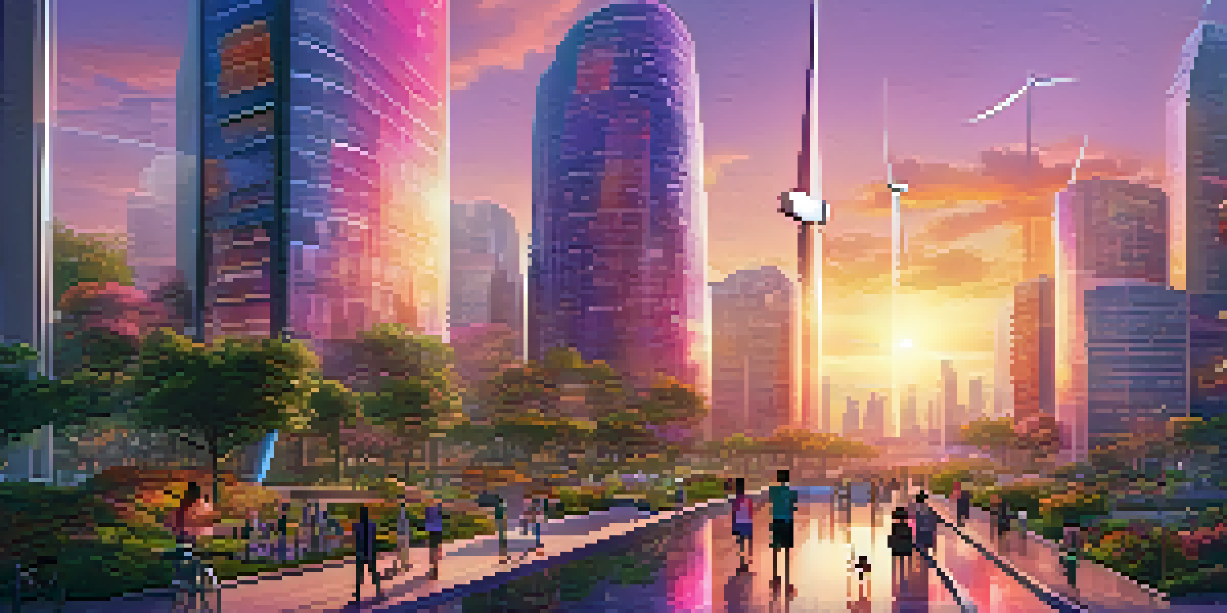 A vibrant futuristic city skyline featuring skyscrapers with gardens and renewable energy, under a colorful sunset.