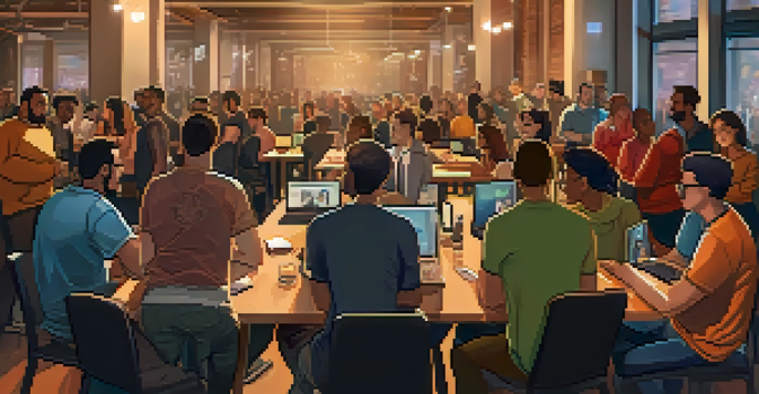 A diverse group of people at an Ethereum community meetup, engaging in discussions with laptops and banners in the background.