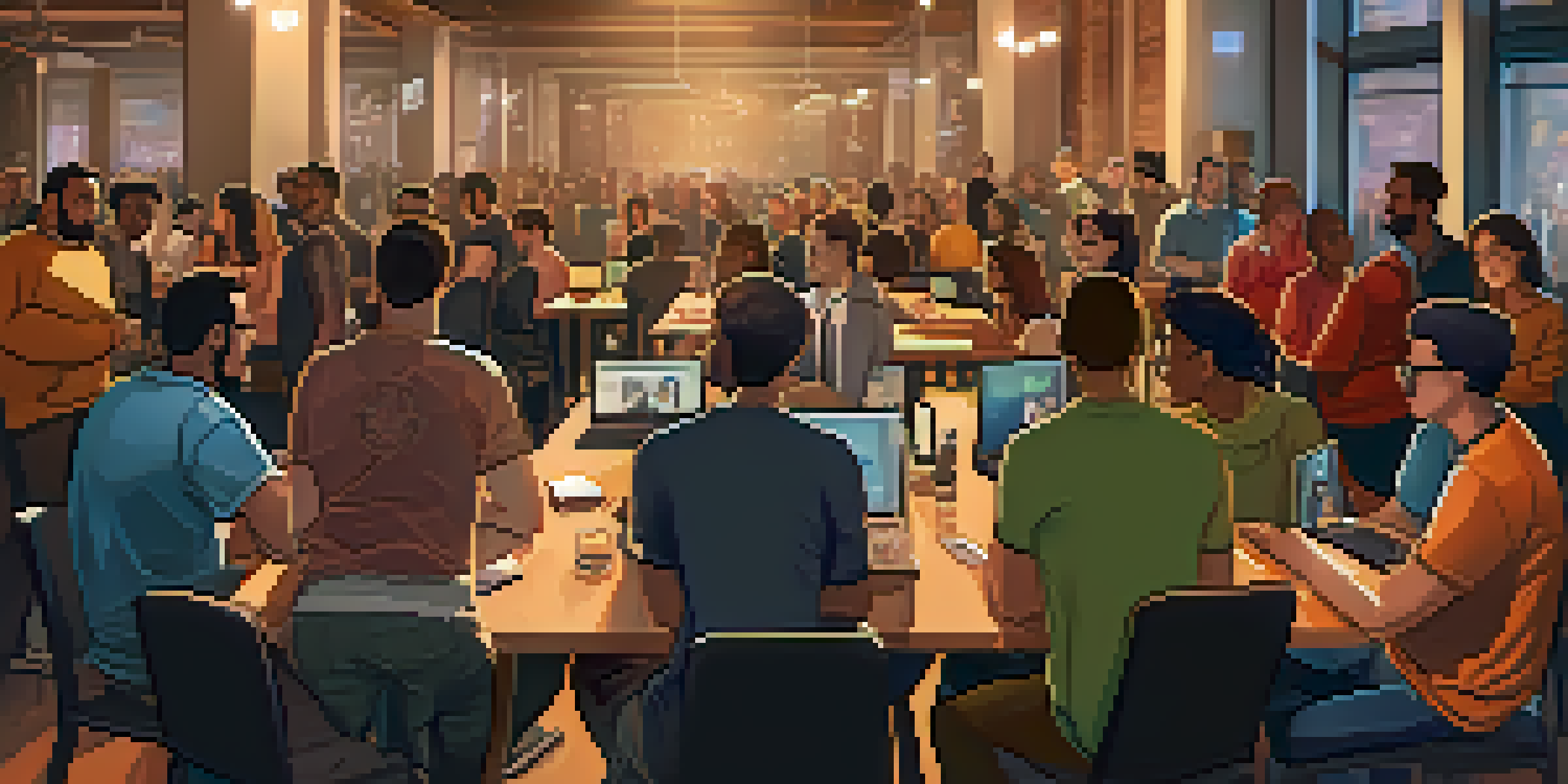 A diverse group of people at an Ethereum community meetup, engaging in discussions with laptops and banners in the background.