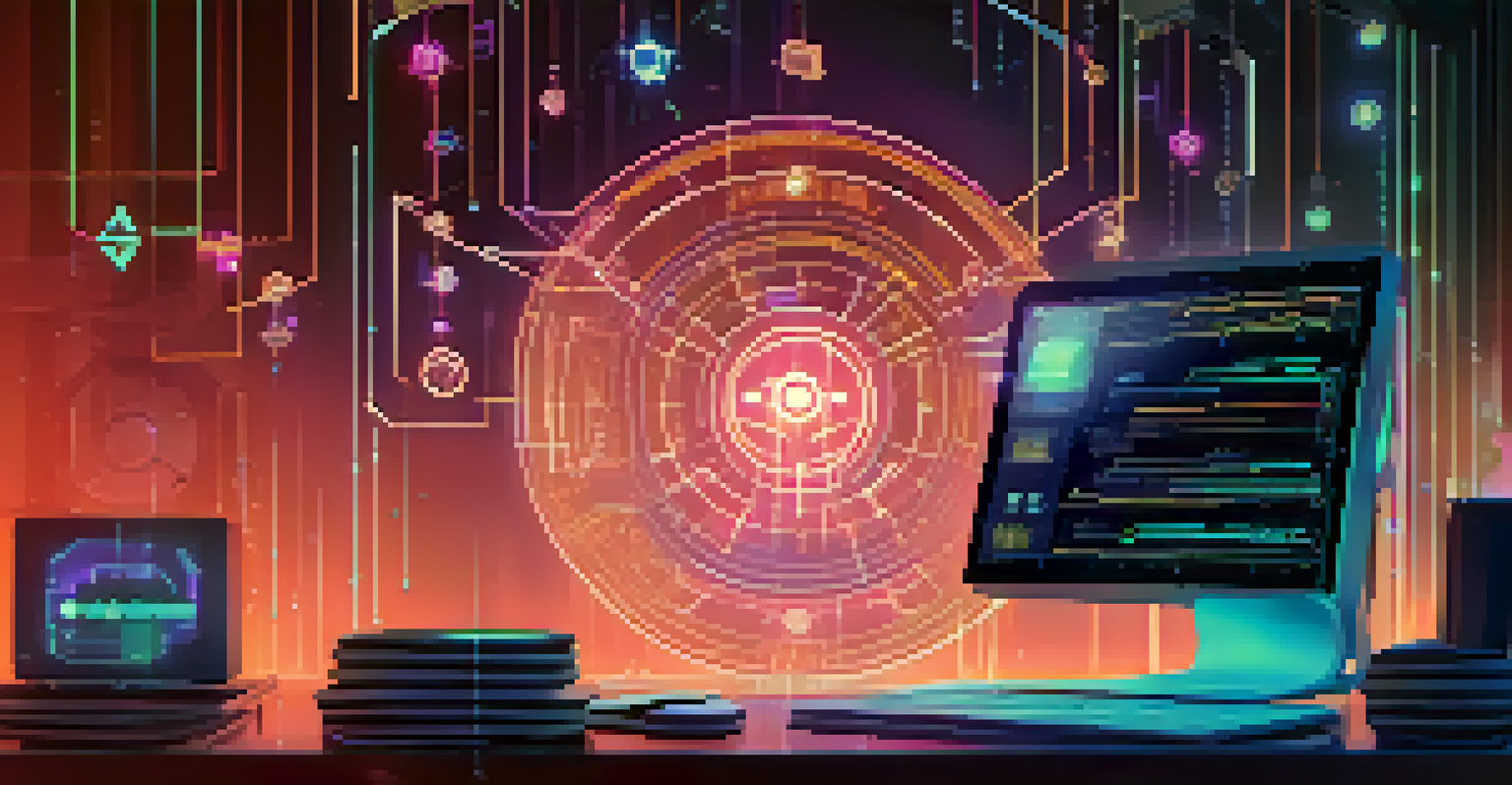 A futuristic depiction of a smart contract being executed on the Ethereum blockchain, with glowing code and symbols of security.