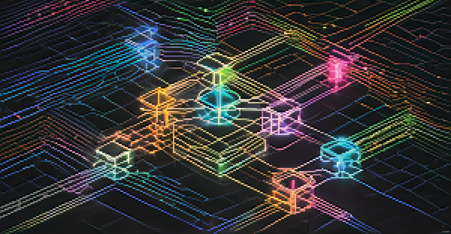 An abstract image of interconnected nodes symbolizing tokenomics with glowing colors on a dark background, illustrating economic interactions.