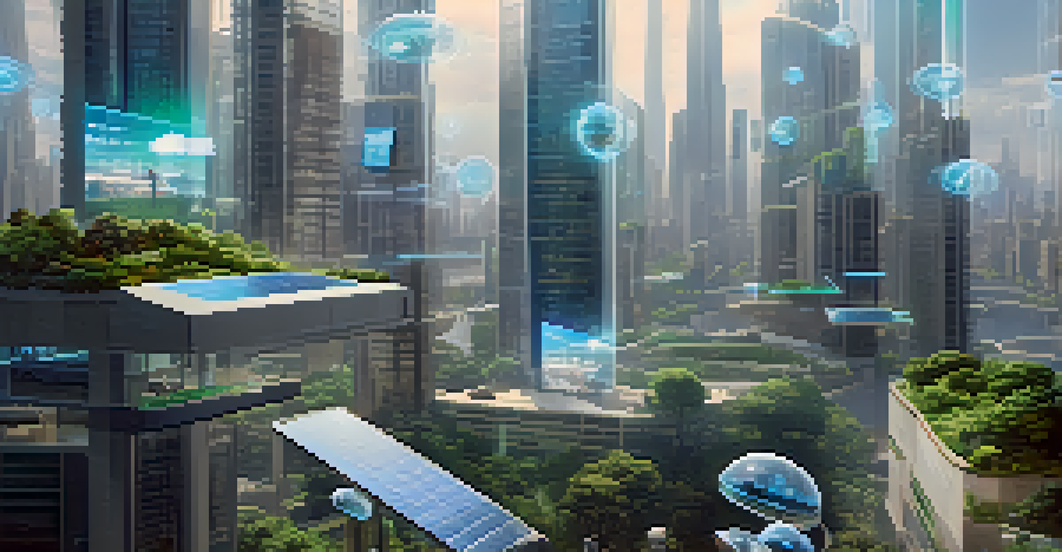 A futuristic city with skyscrapers featuring solar panels and digital screens, where people interact with holographic interfaces, symbolizing user empowerment.