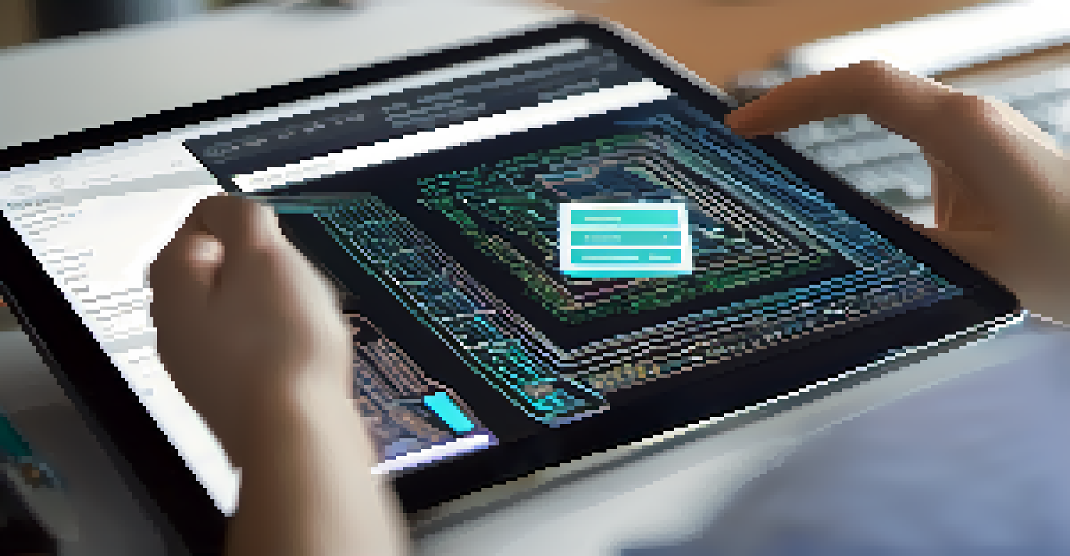 A close-up of a tablet displaying an Ethereum smart contract interface with code and transaction visuals in a modern office setting.