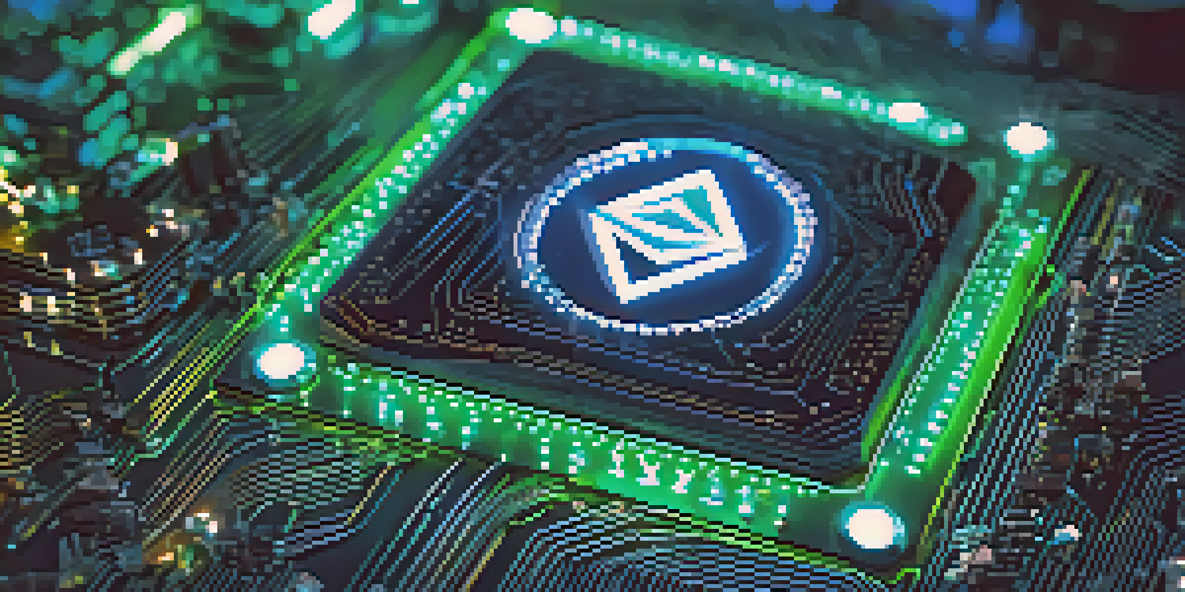 A close-up view of a futuristic Ethereum logo on a digital circuit board with glowing lights and a blurred city skyline in the background.