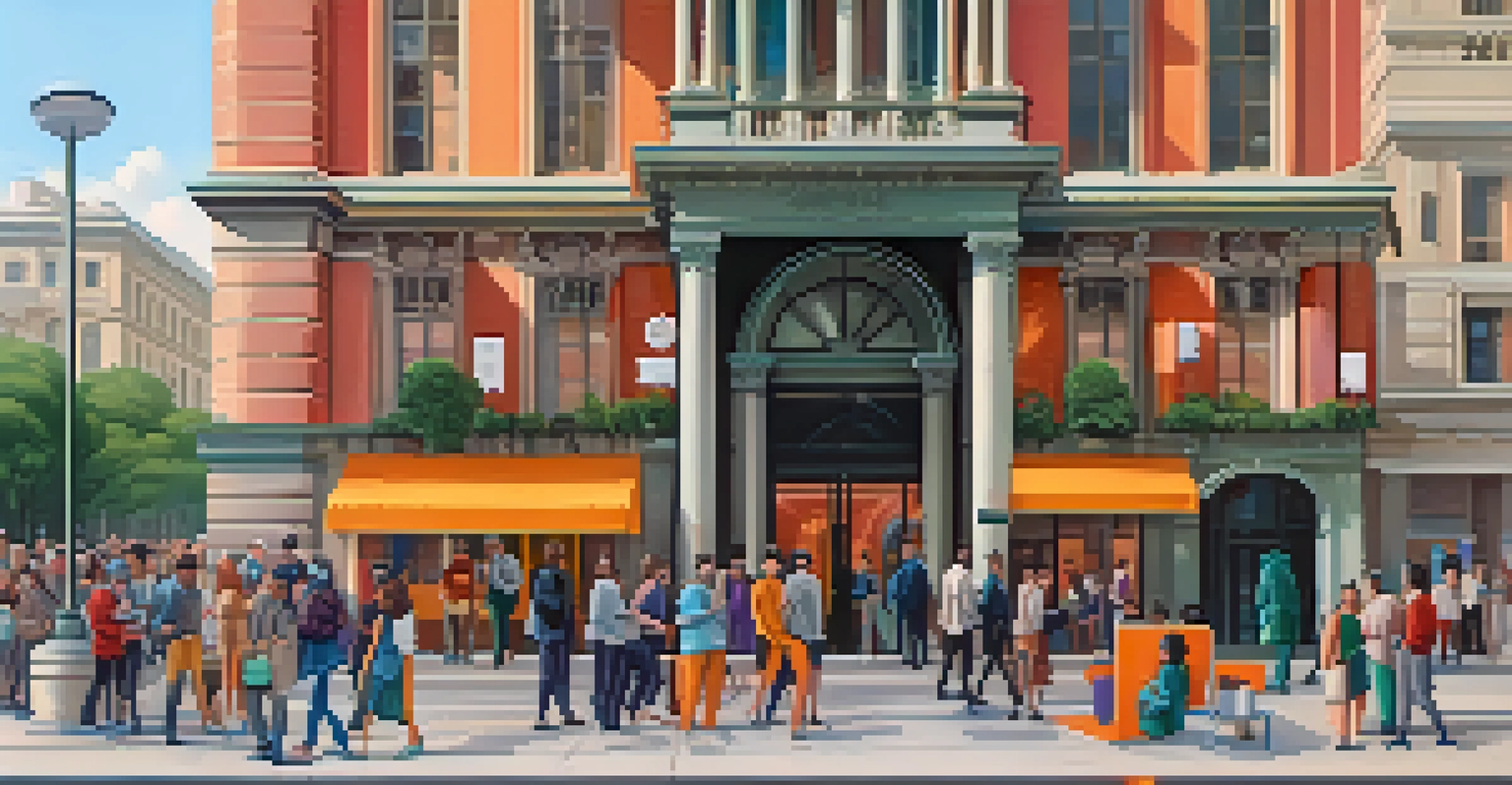 A split-screen image showing a busy bank on one side and individuals using DeFi platforms outdoors on the other, with contrasting color schemes.