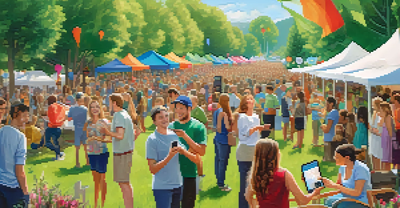People outdoors at a community event using mobile devices to donate to charities through a decentralized finance app, surrounded by nature.