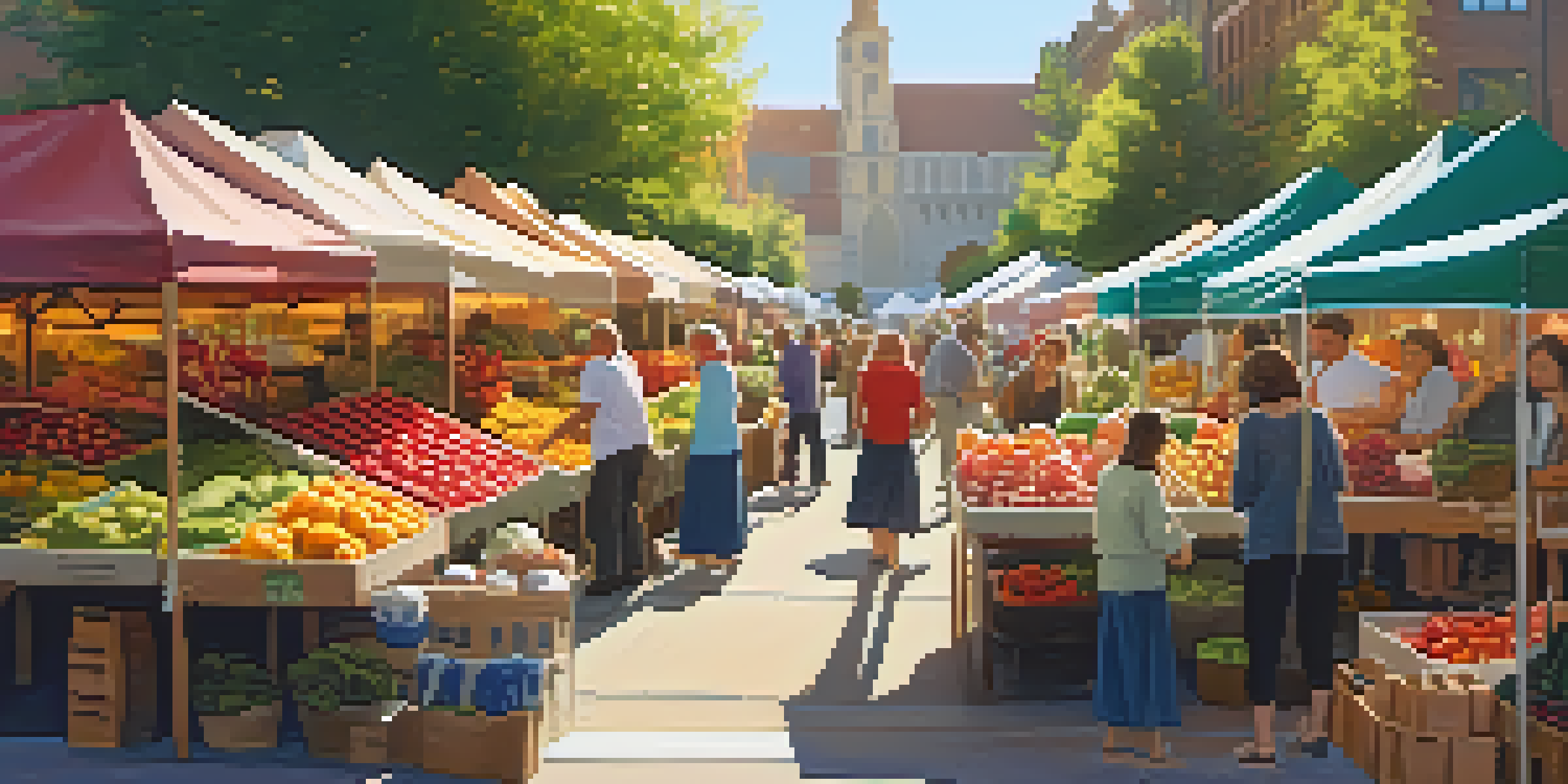 A busy farmer's market with colorful stalls filled with fresh produce and flowers, people engaging in transactions under warm sunlight.