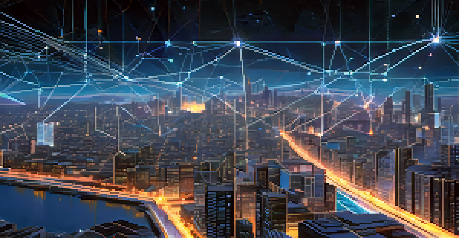 A futuristic cityscape representing a decentralized autonomous organization, with glowing lines symbolizing blockchain networks.