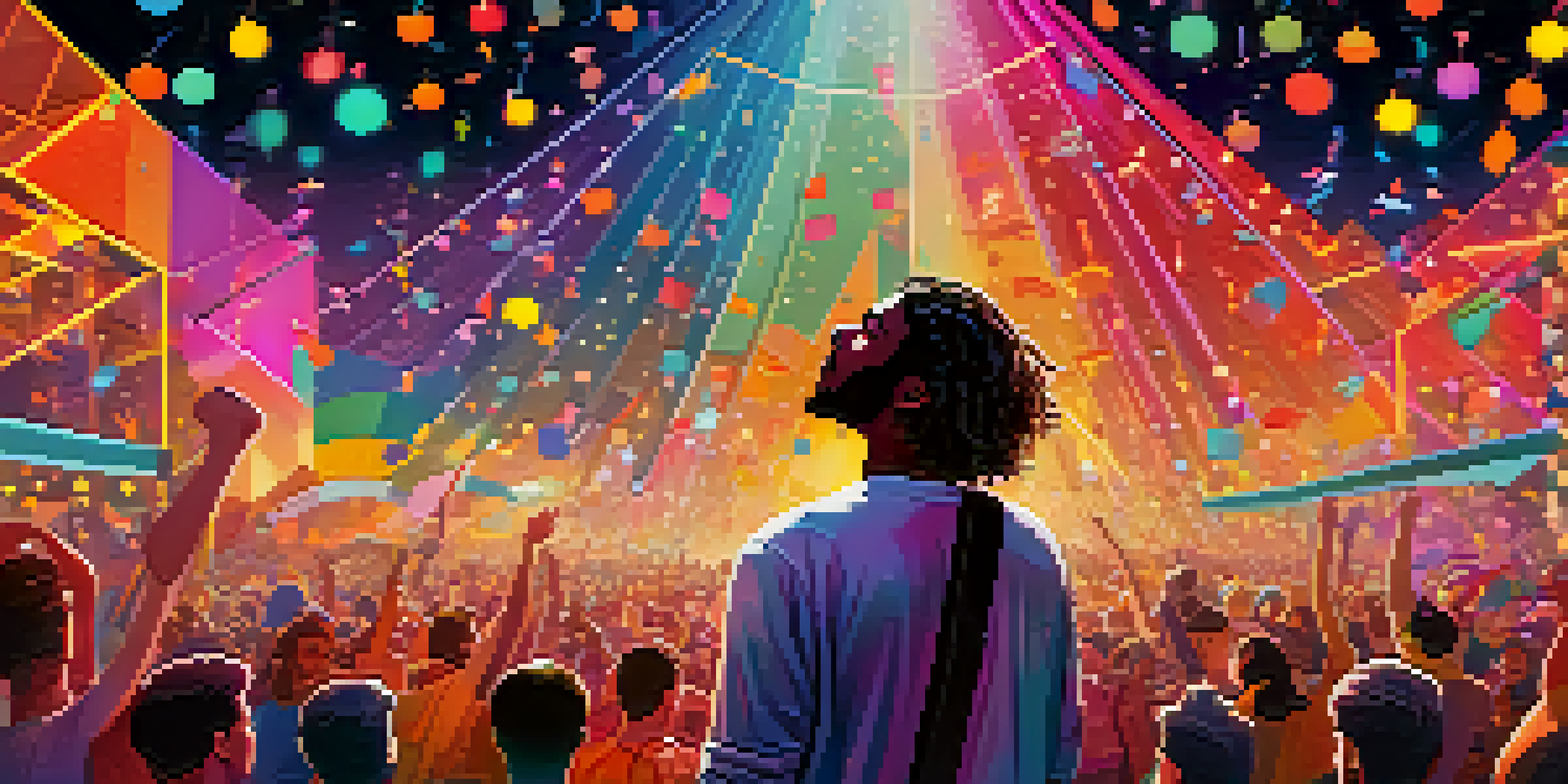 A musician on stage with colorful floating social tokens and a cheering crowd, under a starry night sky.