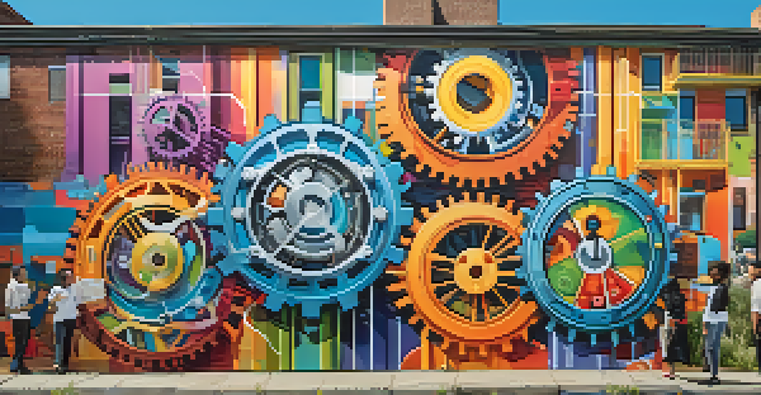 A colorful mural illustrating social entrepreneurship with diverse figures and technology symbols, inspiring community change.