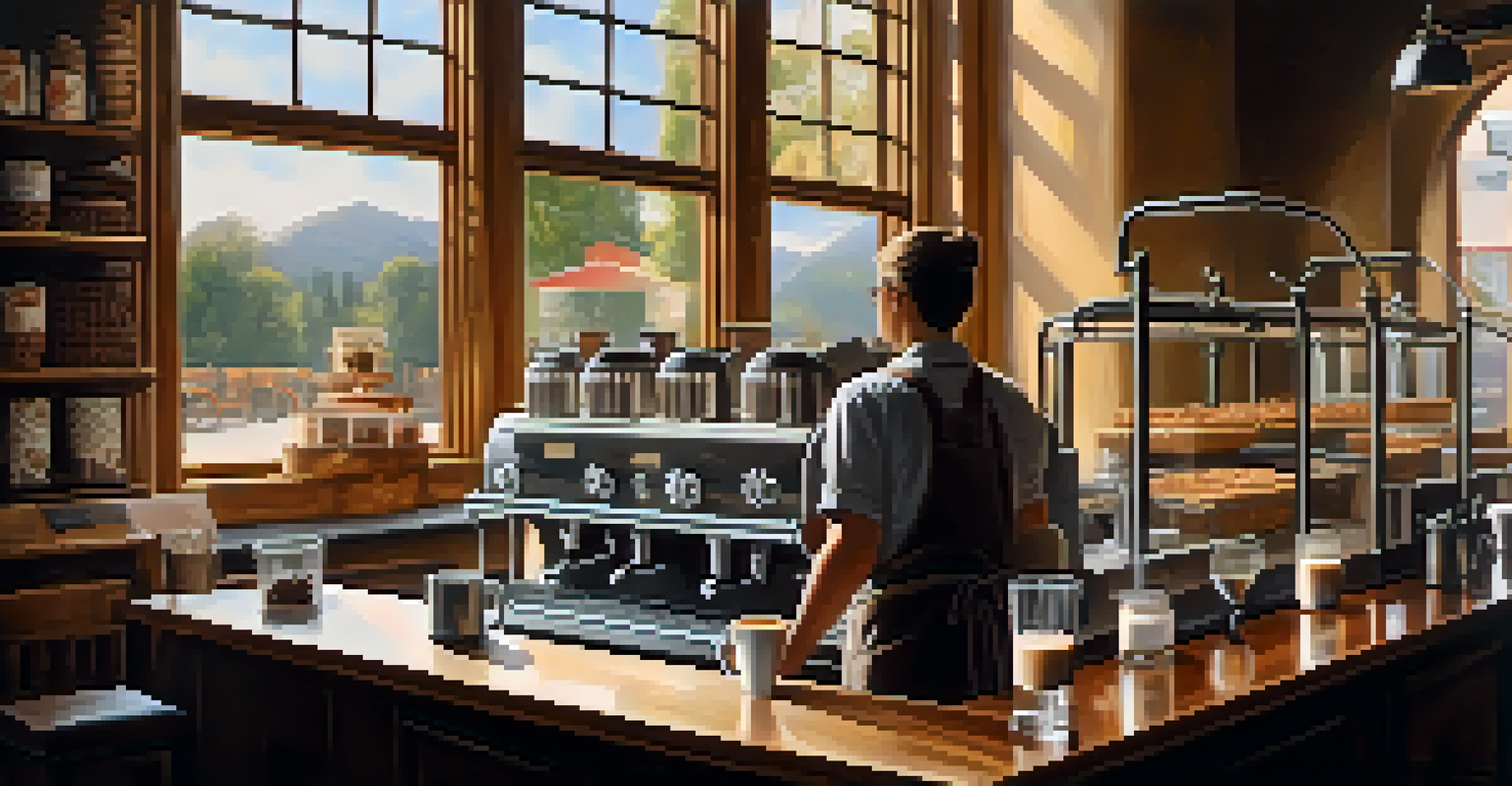 A cozy coffee shop interior with a barista making a latte, warm light, and inviting decor.