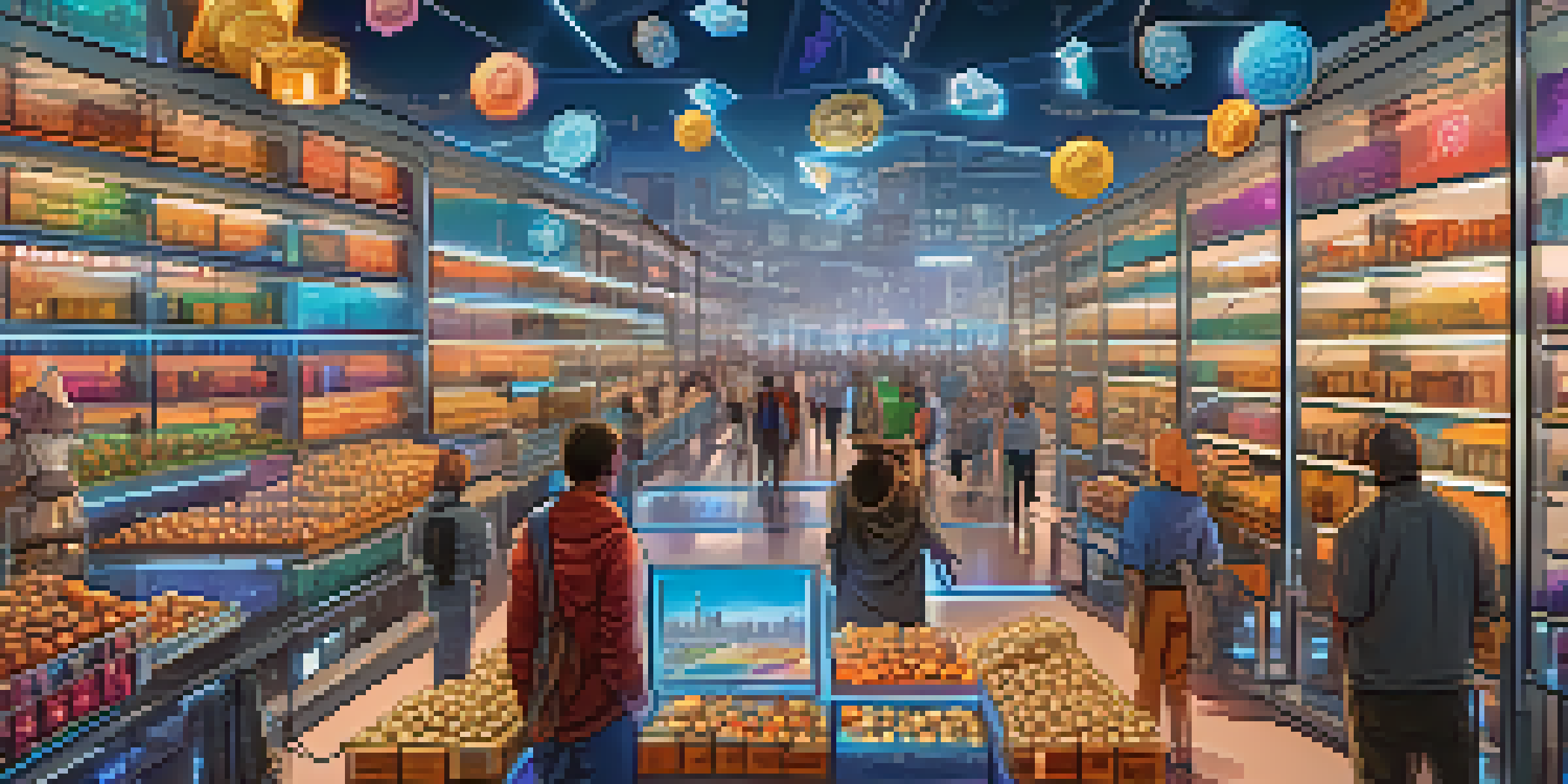 An illustration of a busy Ethereum marketplace with colorful digital tokens and unique NFTs, set against a futuristic cityscape.